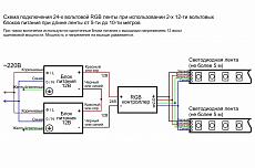 Схема подключения светодиодной RGB ленты 24В длиной 5-10м  при использовании 2-х 12-ти вольтовых блоков питания